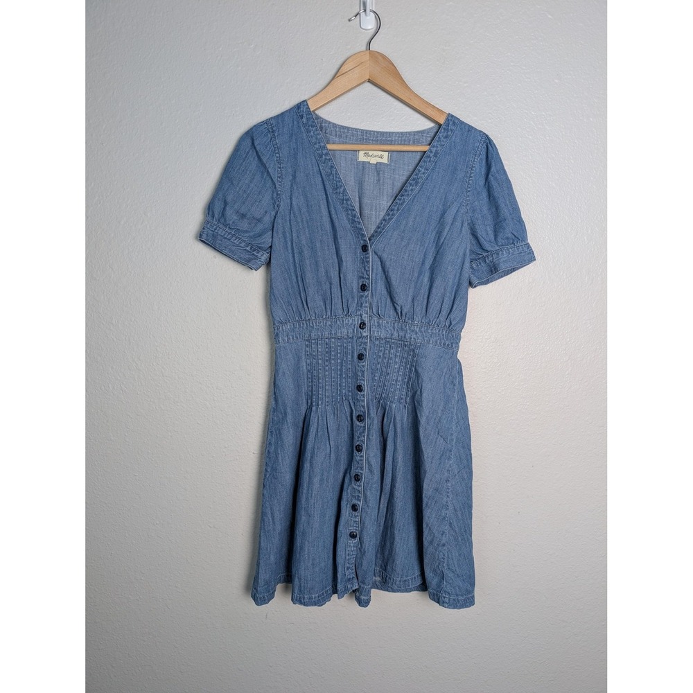 Madewell Shirt Dress Womens 2 Blue Short Fit & Flare Chambray V-Neck Button